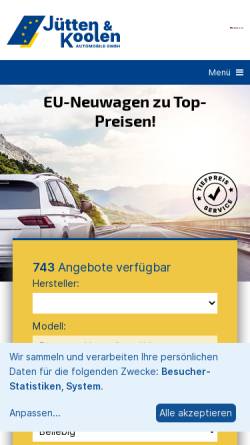 Vorschau der mobilen Webseite www.juetten-koolen.de, Jütten & Koolen Automobile GmbH