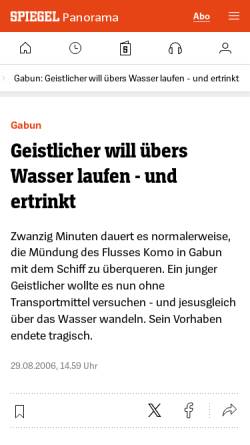 Vorschau der mobilen Webseite www.spiegel.de, Der Spiegel, Geistlicher will übers Wasser laufen - und ertrinkt