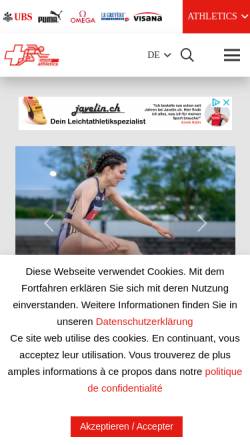 Vorschau der mobilen Webseite www.swiss-athletics.ch, Schweizerischer Leichtathletik Verband, SLV