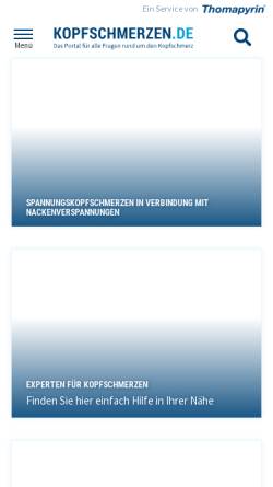 Vorschau der mobilen Webseite www.kopfschmerzen.de, Portal für Themen rund um Kopfschmerzen und Migräne