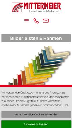 Vorschau der mobilen Webseite www.mittermeier-rahmen.de, Mittermeier Leisten + Rahmen