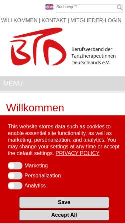 Vorschau der mobilen Webseite www.btd-tanztherapie.de, Berufsverband der TanztherapeutInnen (BTD)