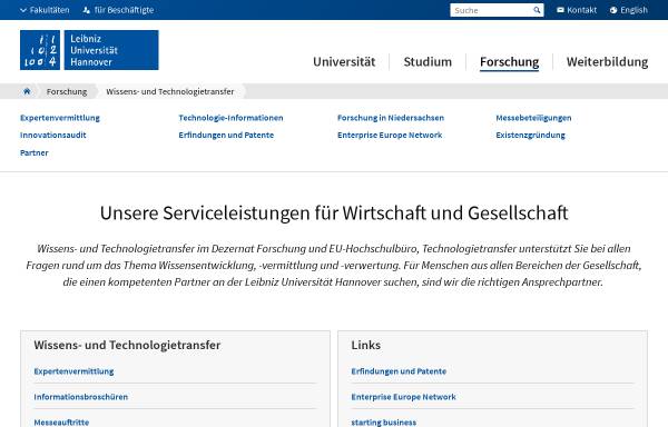 Vorschau von www.tt.uni-hannover.de, Hannover Uni-Transfer - Unternehmensgründung