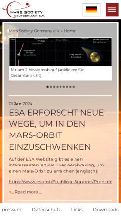 Vorschau der mobilen Webseite www.marssociety.de, Mars Society Deutschland e.V.