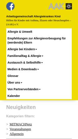 Vorschau der mobilen Webseite www.aak.de, Arbeitsgemeinschaft Allergiekrankes Kind e.V.