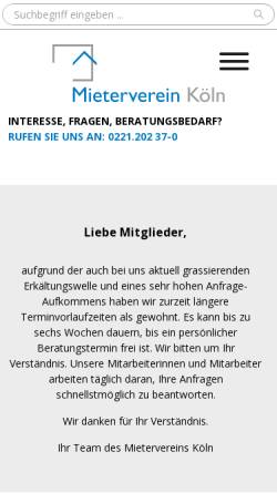 Vorschau der mobilen Webseite www.mieterverein-koeln.de, Mieterverein Köln
