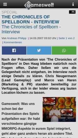 Vorschau der mobilen Webseite www.gameswelt.de, Gameswelt: The Chronicles of Spellborn Interview