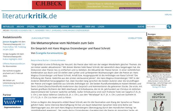 Vorschau von www.literaturkritik.de, Evangelia Karamountzou über ein Gespräch mit Hans Magnus Enzensberger und Raoul Schrott