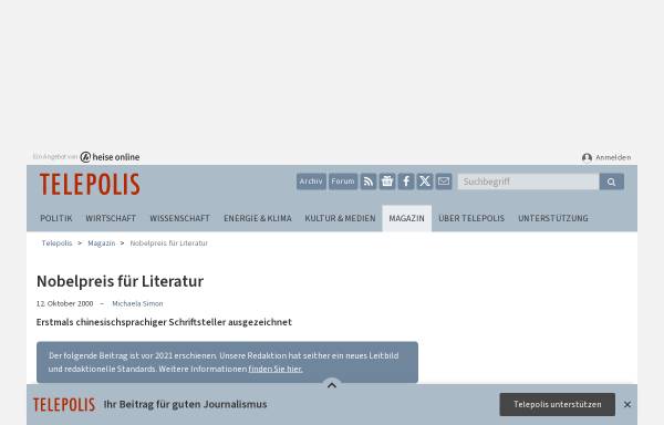 Vorschau von www.heise.de, Nobelpreis für Literatur 2000