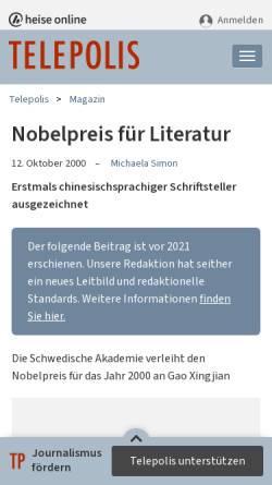Vorschau der mobilen Webseite www.heise.de, Nobelpreis für Literatur 2000