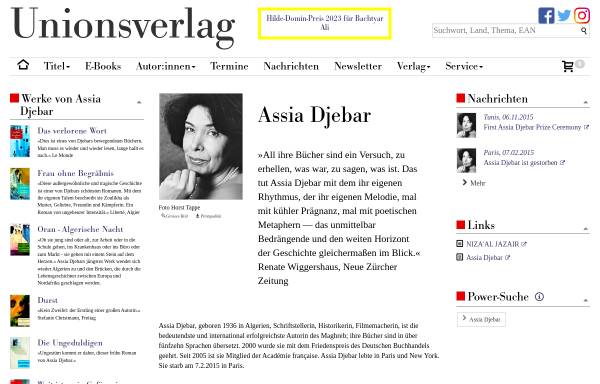 Vorschau von www.unionsverlag.com, Assia Djebar Homepage