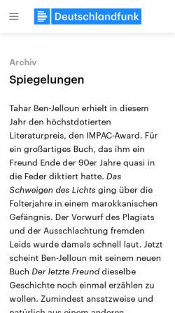 Vorschau der mobilen Webseite www.deutschlandfunk.de, Tahar Ben Jelloun: Der letzte Freund