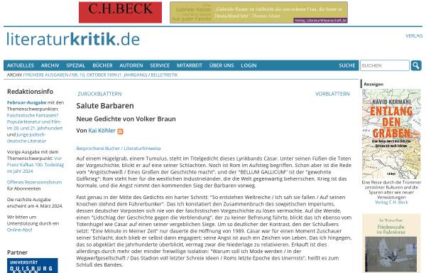 Vorschau von www.literaturkritik.de, Volker Braun: Tumulus