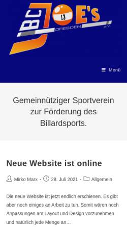 Vorschau der mobilen Webseite www.bc-joes.de, Billardclub Joes