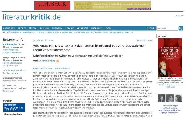 Vorschau von www.literaturkritik.de, Wie Anaïs Nin Dr. Otto Rank das Tanzen lehrte und Lou Andreas-Salomé Freud vervollkommnete