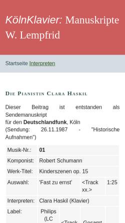 Vorschau der mobilen Webseite www.koelnklavier.de, Die Pianistin Clara Haskil