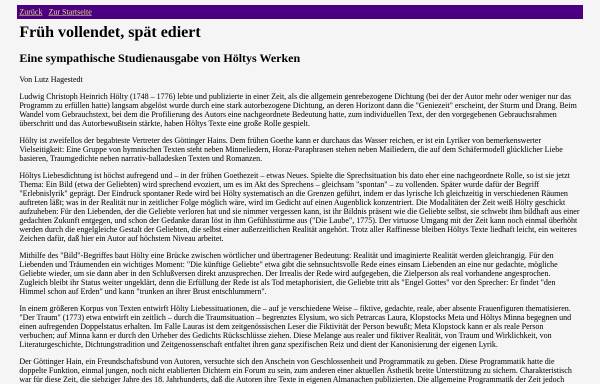 Vorschau von www.hagestedt.de, Früh vollendet, spät ediert