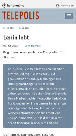 Vorschau der mobilen Webseite www.heise.de, TelePolis: Lenin lebt