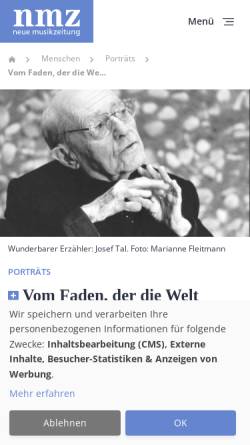 Vorschau der mobilen Webseite www.nmz.de, Vom Faden, der die Welt zusammenhält