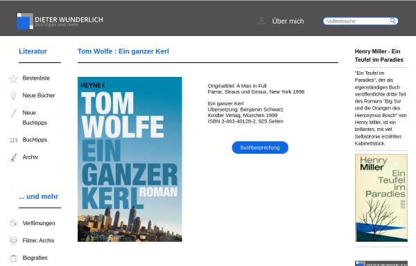 Vorschau von www.dieterwunderlich.de, Tom Wolfe: Ein ganzer Kerl