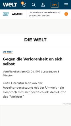 Vorschau der mobilen Webseite www.welt.de, Gegen die Verlorenheit an sich selbst