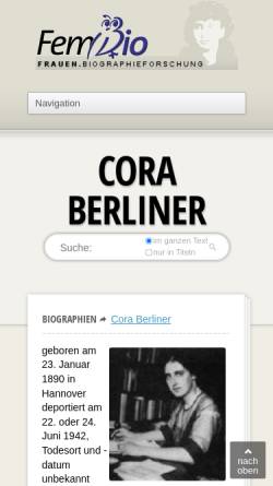 Vorschau der mobilen Webseite www.fembio.org, Cora Berliner | Biographie