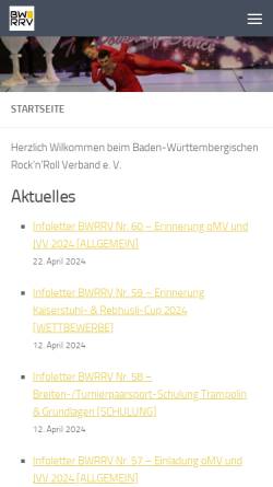 Vorschau der mobilen Webseite www.bwrrv.de, Baden-Württembergischer Rock'n'Roll Verband e.V.