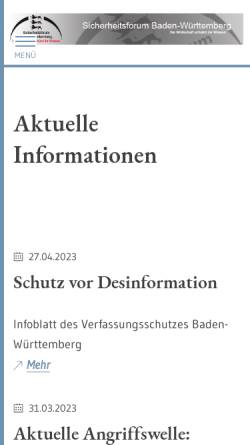 Vorschau der mobilen Webseite www.sicherheitsforum-bw.de, Sicherheitsforum