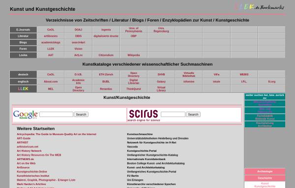 Vorschau von llek.de, LLEK Bookmarks: Wissenschaftliche Suchmaschinen/Kunstgeschichte