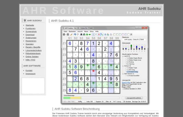Vorschau von www.ahr-sudoku.de, AHR Sudoku mit Rätseldatenbank