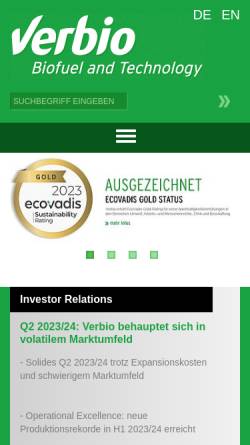 Vorschau der mobilen Webseite www.verbio.de, Verbio Vereinigte BioEnergie AG