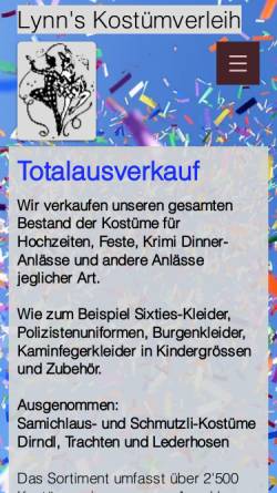 Vorschau der mobilen Webseite www.kostuemverkauf.ch, Kostümverleih L. Tscharner