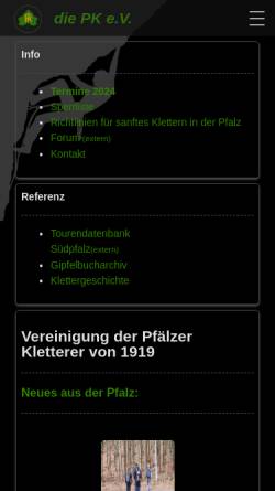 Vorschau der mobilen Webseite www.pfaelzer-kletterer.de, Vereinigung der Pfälzer-Kletterer e.V.