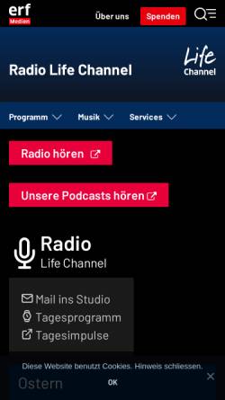 Vorschau der mobilen Webseite lifechannel.ch, ERF Medien - Evangelium in Radio und Fernsehen