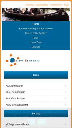 Vorschau der mobilen Webseite www.aktive-elemente.de, Aktive Elemente, Kanutouren und Kanuvermietung in NRW