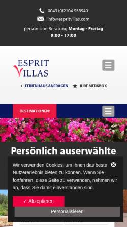 Vorschau der mobilen Webseite www.espritvillas.com, Esprit Villas Touristik GmbH