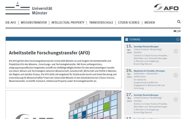 Vorschau von afo.uni-muenster.de, Arbeitsstelle Forschungstransfer der Westfälischen Wilhelms-Universität Münster (AFO)