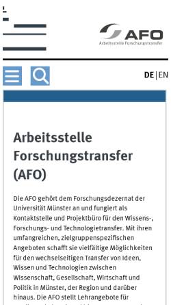 Vorschau der mobilen Webseite afo.uni-muenster.de, Arbeitsstelle Forschungstransfer der Westfälischen Wilhelms-Universität Münster (AFO)