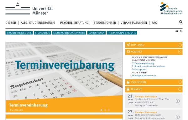 Vorschau von zsb.uni-muenster.de, Zentrale Studienberatung der Westf. Wilhelms-Universität Münster