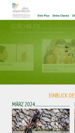Vorschau der mobilen Webseite www.stipendiumplus.de, Stipendium Plus - Begabtenförderung im Hochschulbereich