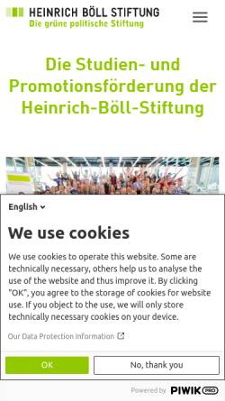 Vorschau der mobilen Webseite www.boell.de, Studien- und Promotionsförderung der Heinrich-Böll-Stiftung