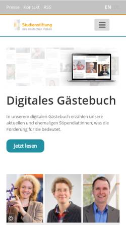 Vorschau der mobilen Webseite www.studienstiftung.de, Studienstiftung des deutschen Volkes