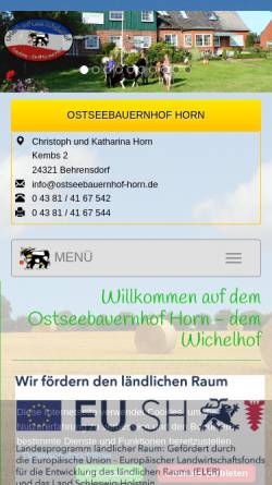 Vorschau der mobilen Webseite www.ostseebauernhof-horn.de, Ferienhof Wichelhof, Familie Horn