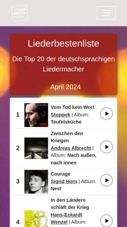 Vorschau der mobilen Webseite www.liederbestenliste.de, Die Liederbestenliste