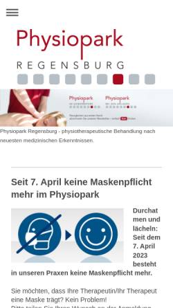Vorschau der mobilen Webseite www.physiopark-regensburg.de, Physiopark Lieschke & Obermüller