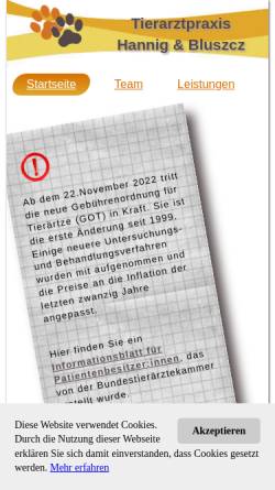 Vorschau der mobilen Webseite www.tierarztgelsenkirchen.de, Kleintierpraxis Hannig & Bluszcz