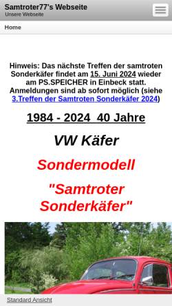 Vorschau der mobilen Webseite samtroter77.beepworld.de, Die Homepage des Samtroten-Sonderkäfers