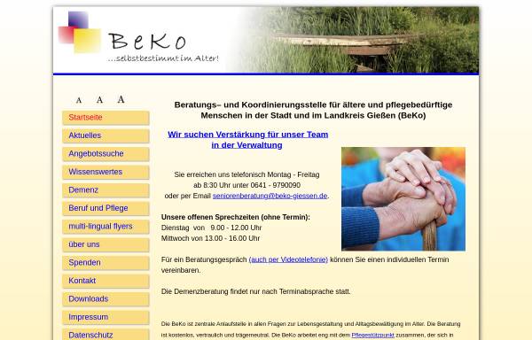 Vorschau von www.beko-giessen.de, Beratungs– und Koordinierungsstelle für ältere und pflegebedürftige Menschen in der Stadt und im Landkreis Gießen