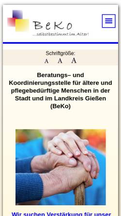 Vorschau der mobilen Webseite www.beko-giessen.de, Beratungs– und Koordinierungsstelle für ältere und pflegebedürftige Menschen in der Stadt und im Landkreis Gießen