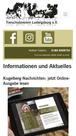 Vorschau der mobilen Webseite www.tierheim-lb.de, Tierheim und Tierschutzverein Ludwigsburg